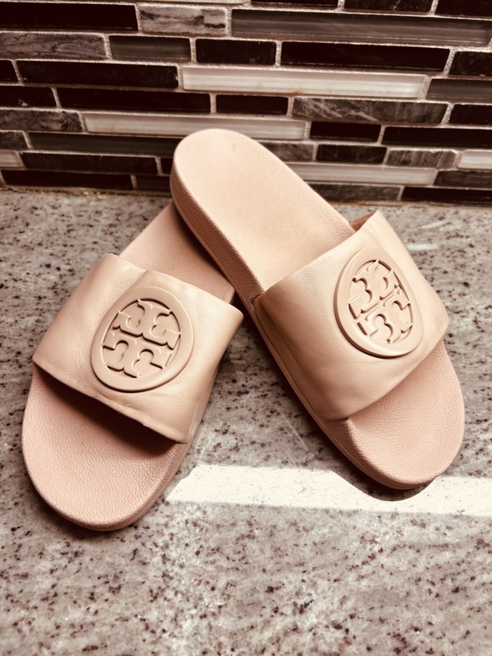 Tory Burch Lina Leather Pale Pink Slide Sandals size 8